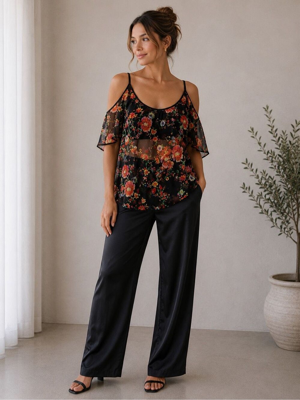 Zebra Floral Sheer Cold Shoulder Top Size M